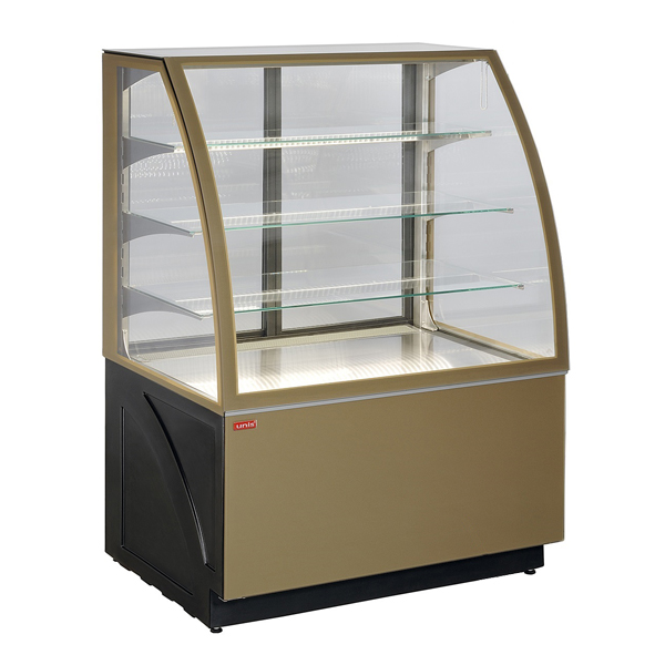 Витрина кондитерская охлаждаемая UNIS Aldan Basic 1000, gold glass, gold front panel
